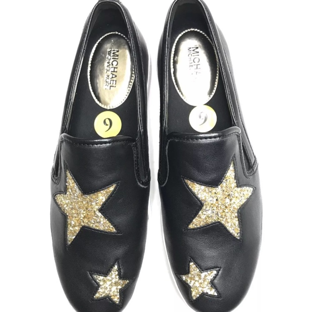 Michael Kors Slip On Shoes NEW Sz 9 Blk Gold Stars - Picture 2 of 7